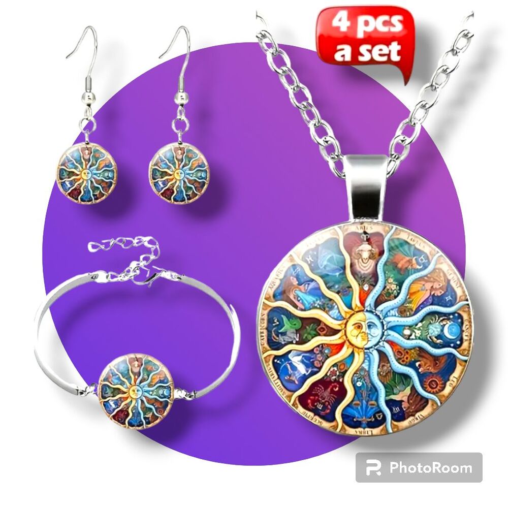 3 pc Silver SUN Moon ZODIAC Astrology BRACELET Earrings NECKLACE Jewelry Set